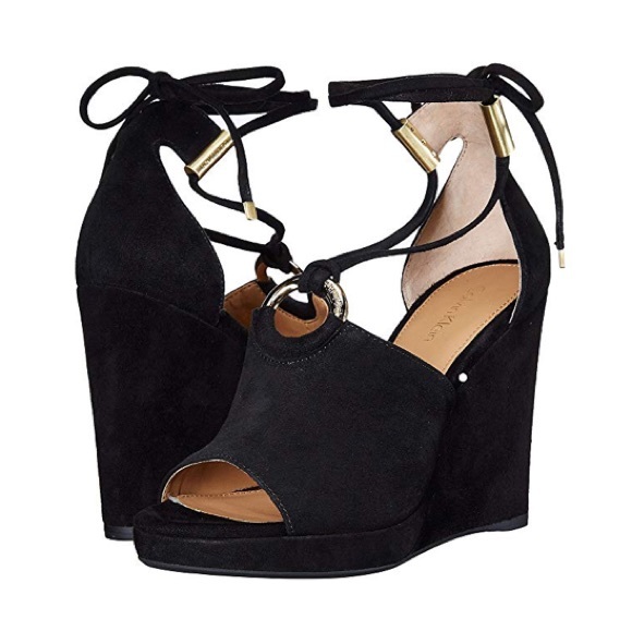 black wedges tie around ankle